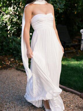 WENKAFO White Strapless Ruched Maxi Dress with Neck Scarf Size 18 NWT A-Line